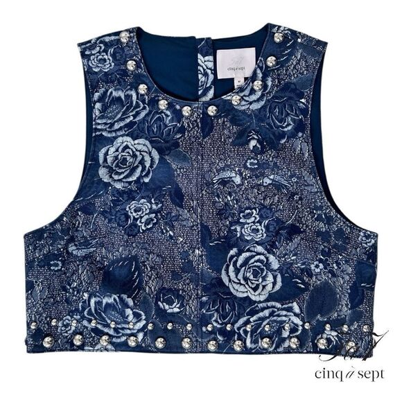 Cinq à Sept **NWT** Maia Studded Crop Top in Indigo Blue Floral - Picture 7 of 9